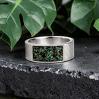 Veridian titanium ring featuring genuine nephrite jade and brass shavings in a modern rectangular inlay with a satin finish.