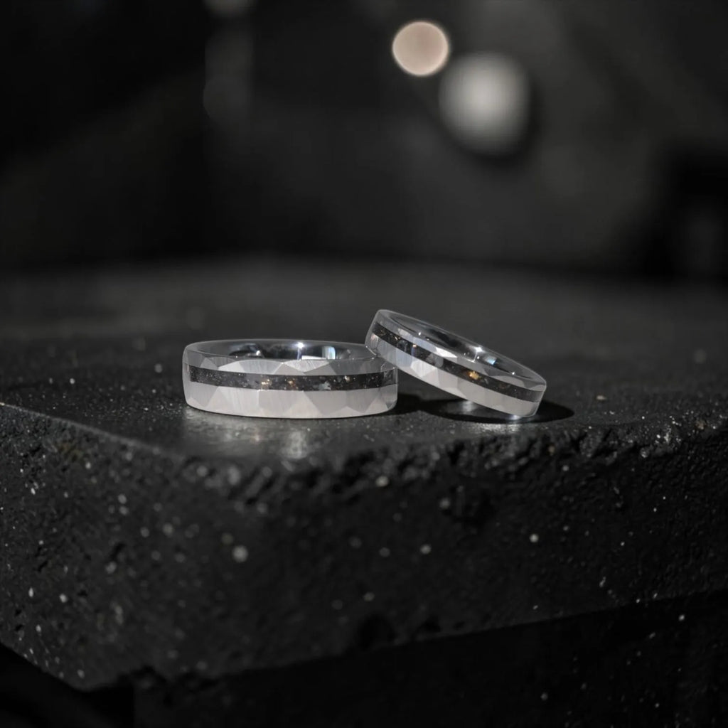 Handcrafted set of  tungsten ring with black tourmaline and gold representing balance, protection and commitment