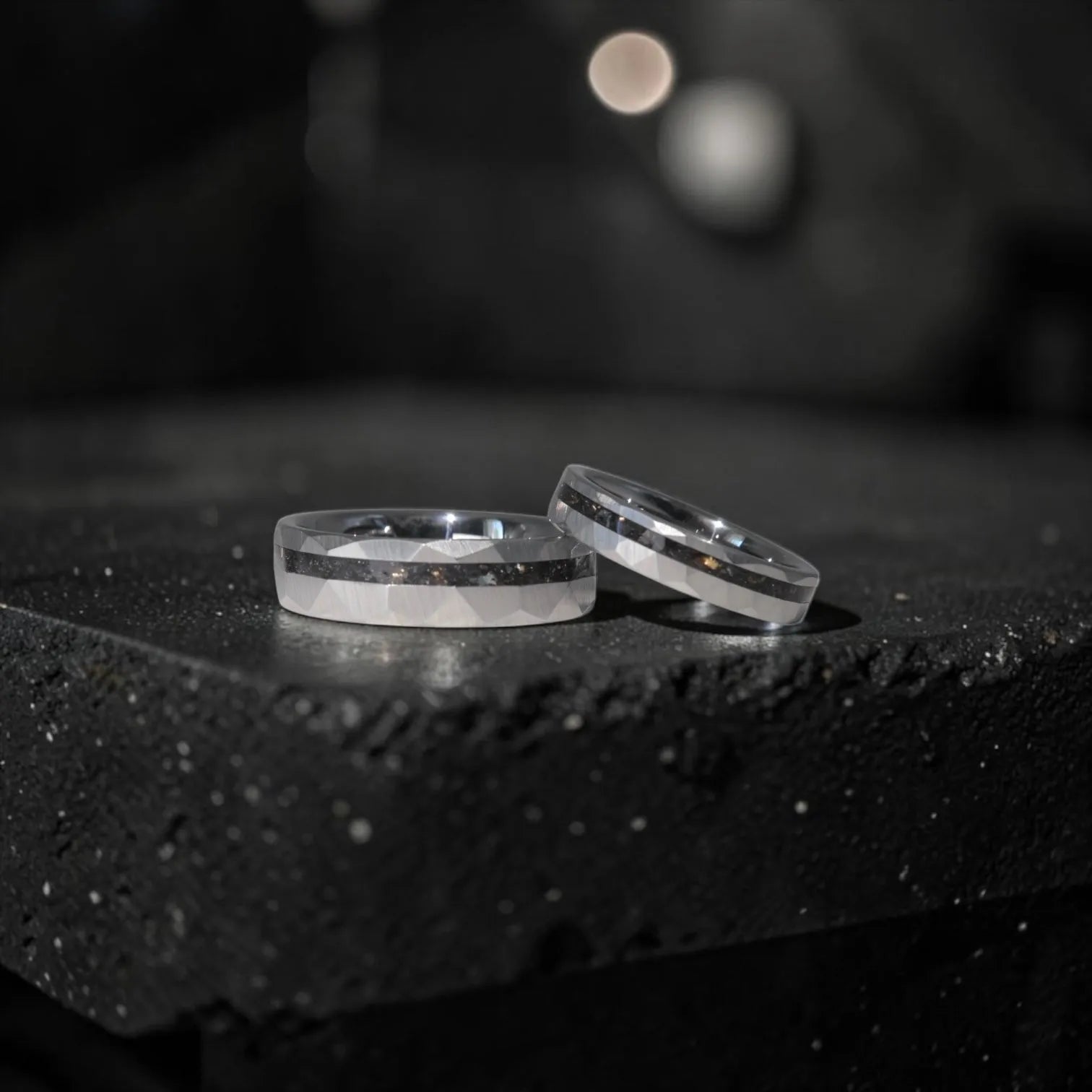 Handcrafted set of  tungsten ring with black tourmaline and gold representing balance, protection and commitment