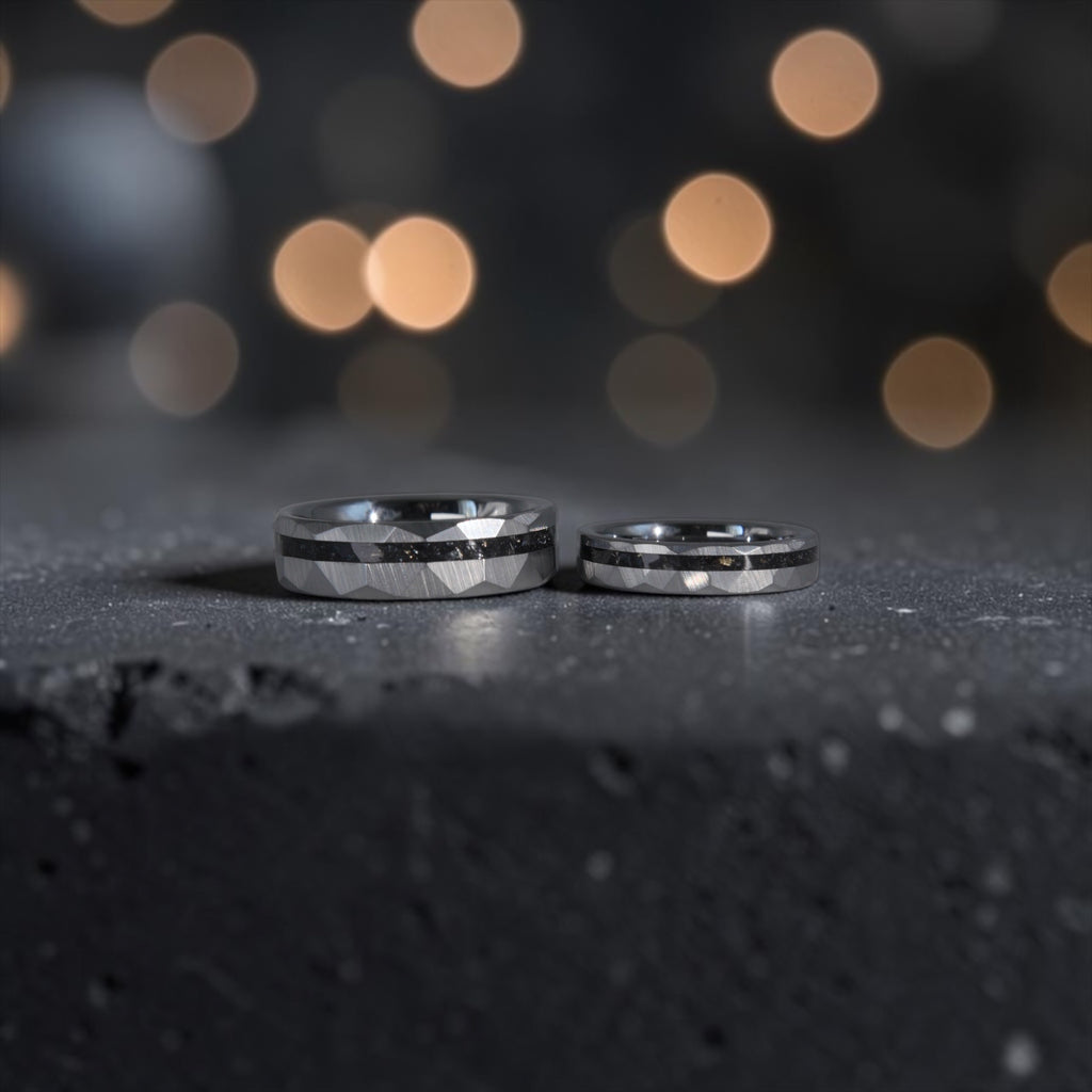 Handcrafted set of  tungsten ring with black tourmaline and gold representing balance, protection and commitment