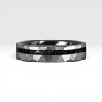 Slim tungsten wedding ring with black tourmaline and gold inlay, faceted finish with refined elegant design