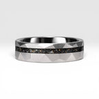 Faceted tungsten wedding ring with black tourmaline and 14k gold inlay in a 2mm offset channel