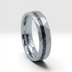 Faceted tungsten wedding ring with black tourmaline and 14k gold inlay in a 2mm offset channel